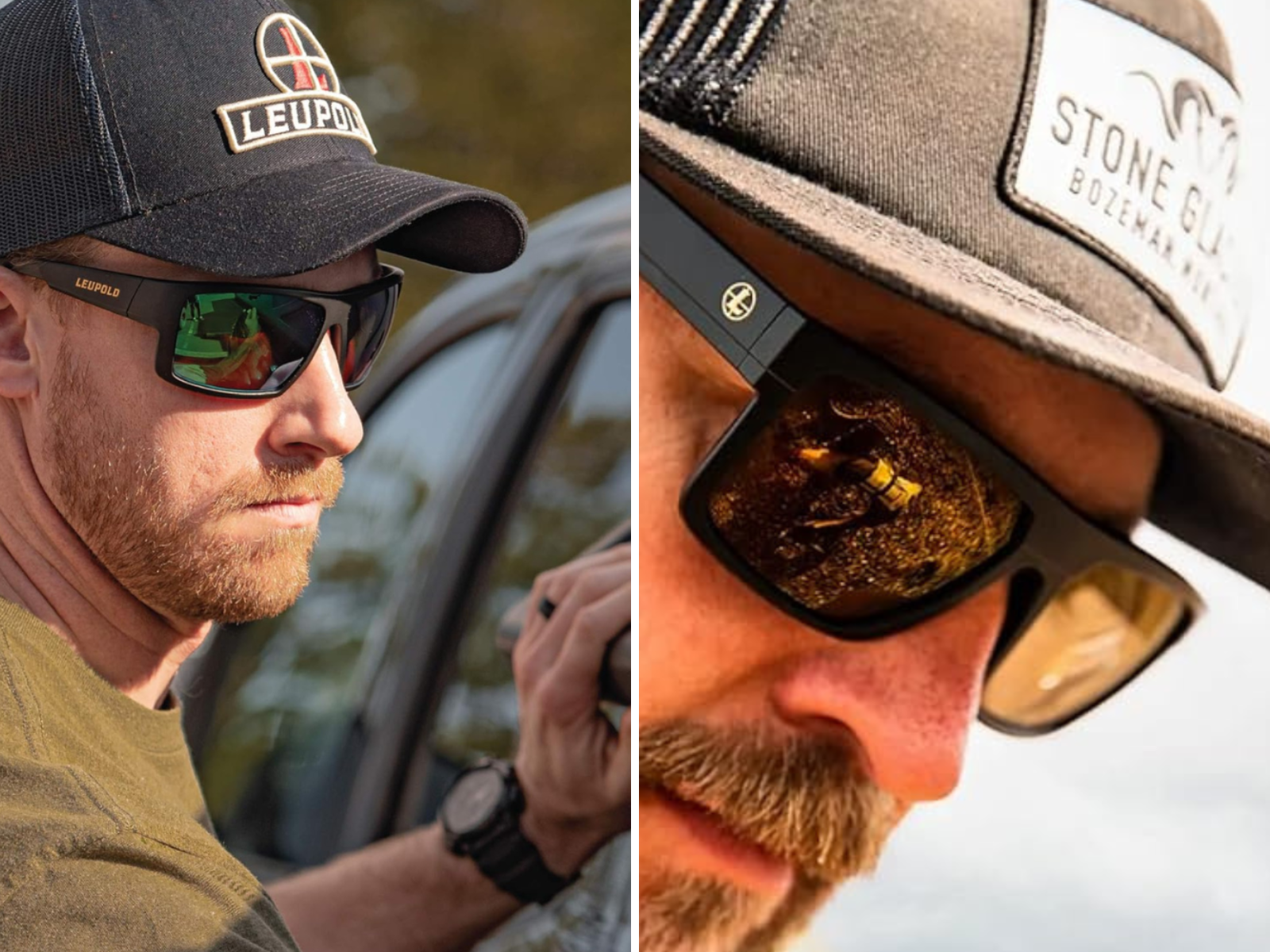 A man loading a truck with sunglasses on, and a close up of a pair of Leupold's sunglasses on a man wearing a cap