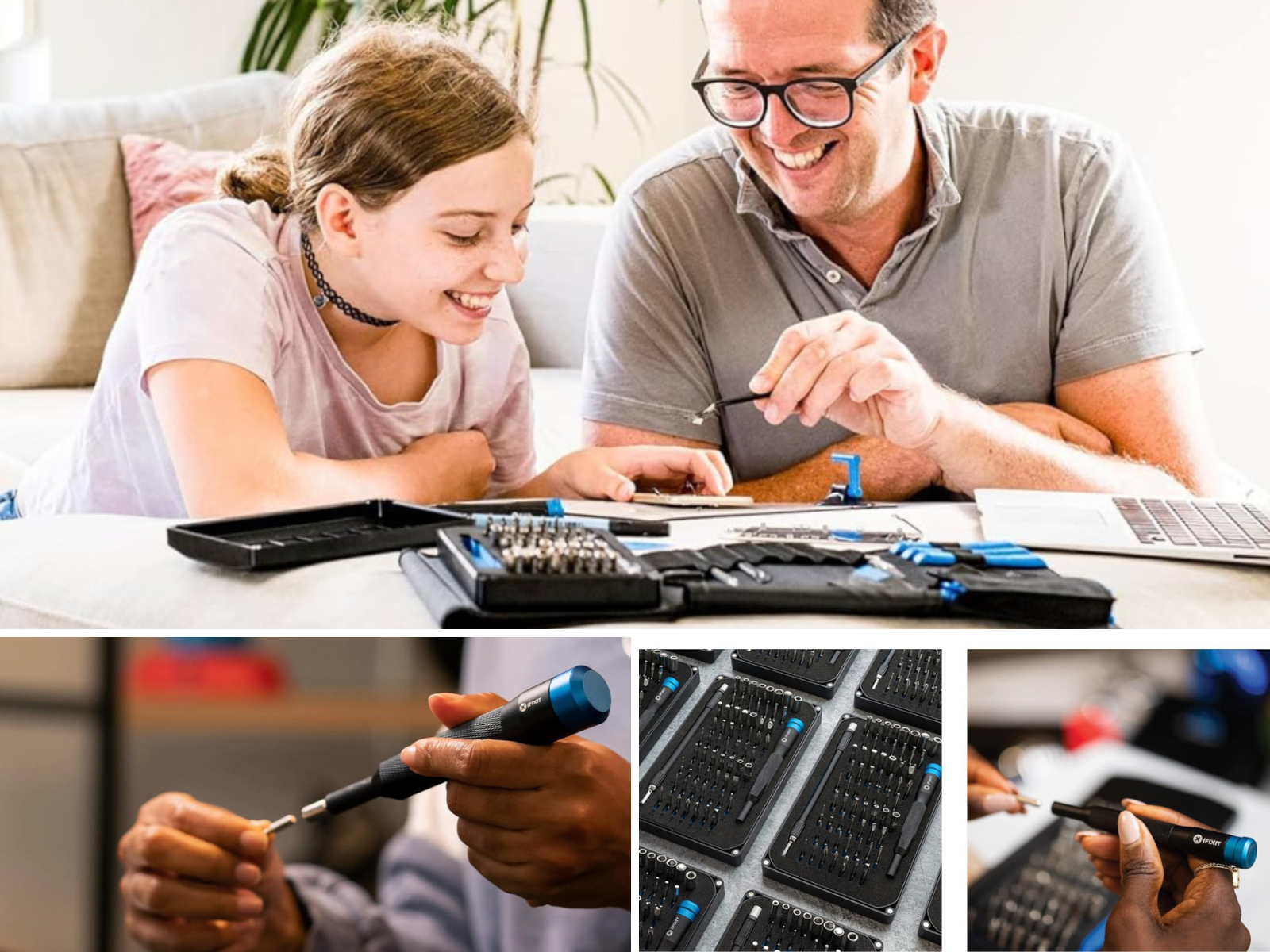 A father and daughter working together, a man changing a bit, and tool kits in a row.