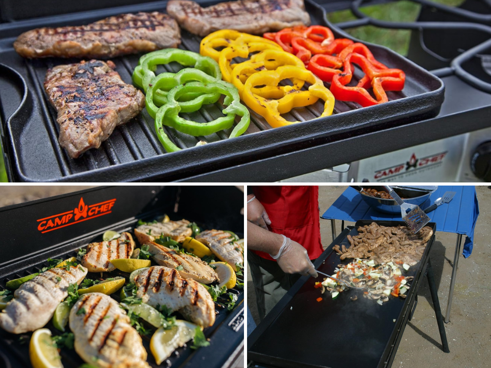 A griddle full of chicken and lemons, another with steak and peppers, and a man cooking cheesesteak