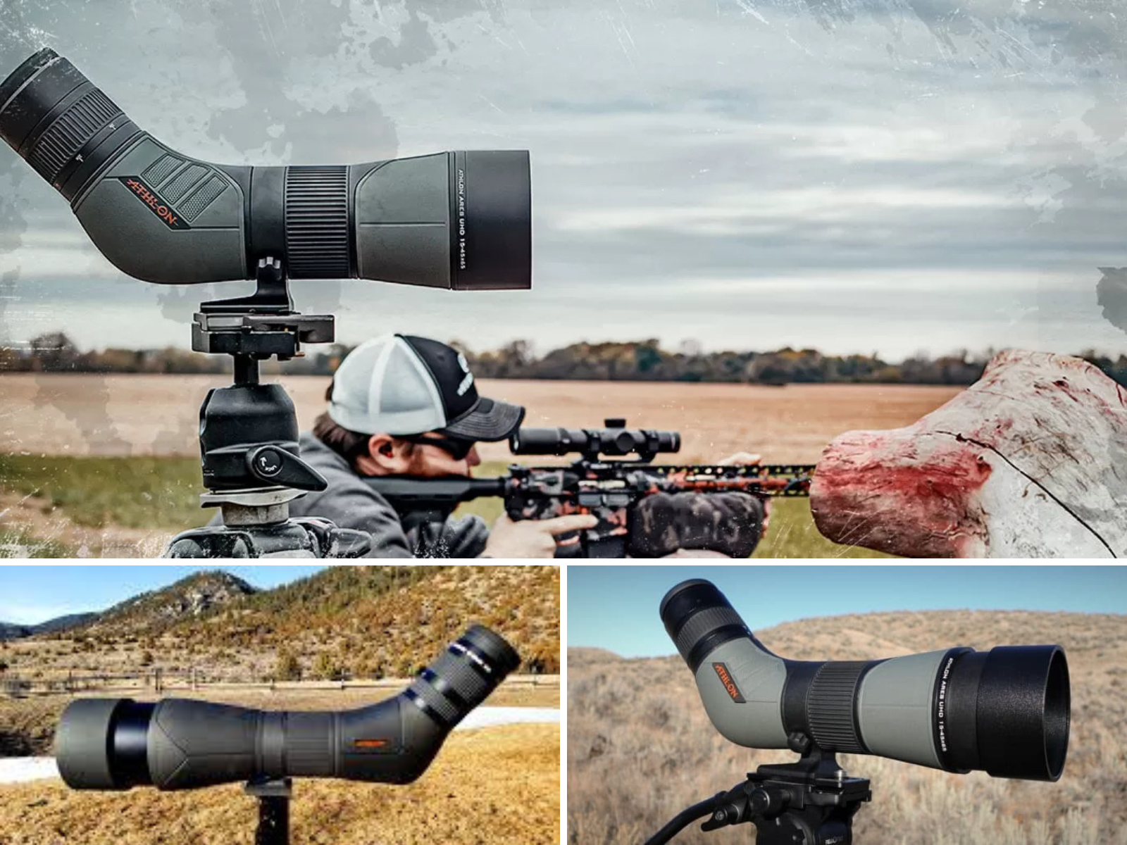 A man with a spotting scope set up beside where he's shooting his rifle, 2 other spotters in the field.