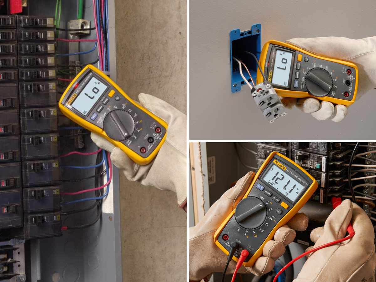 Worker checking voltage at a breaker panel, another using wireless meter checks a plug, and another breaker panel