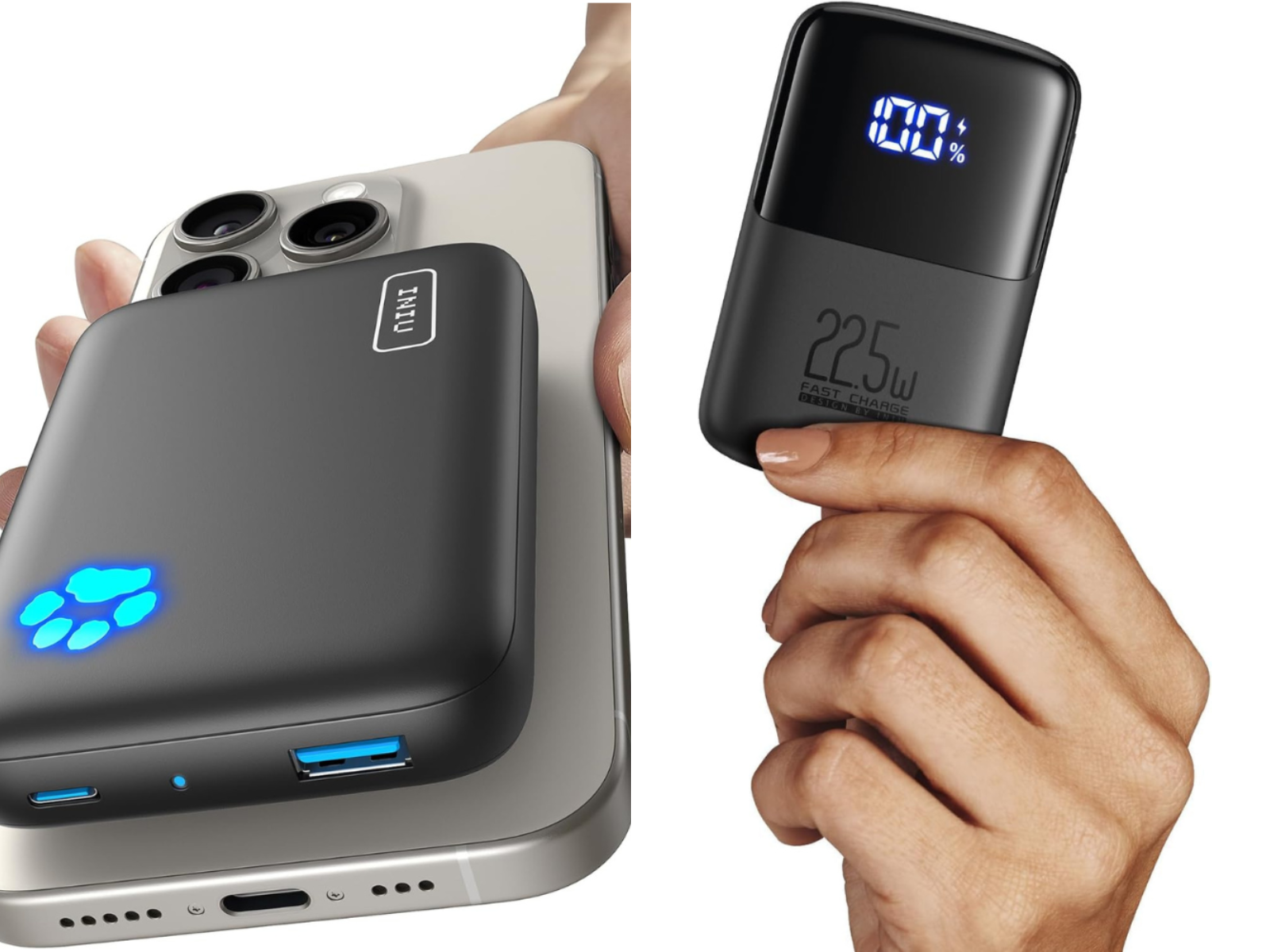 A magnetic power bank on a phone, and a hand held power bank in a mans hand.