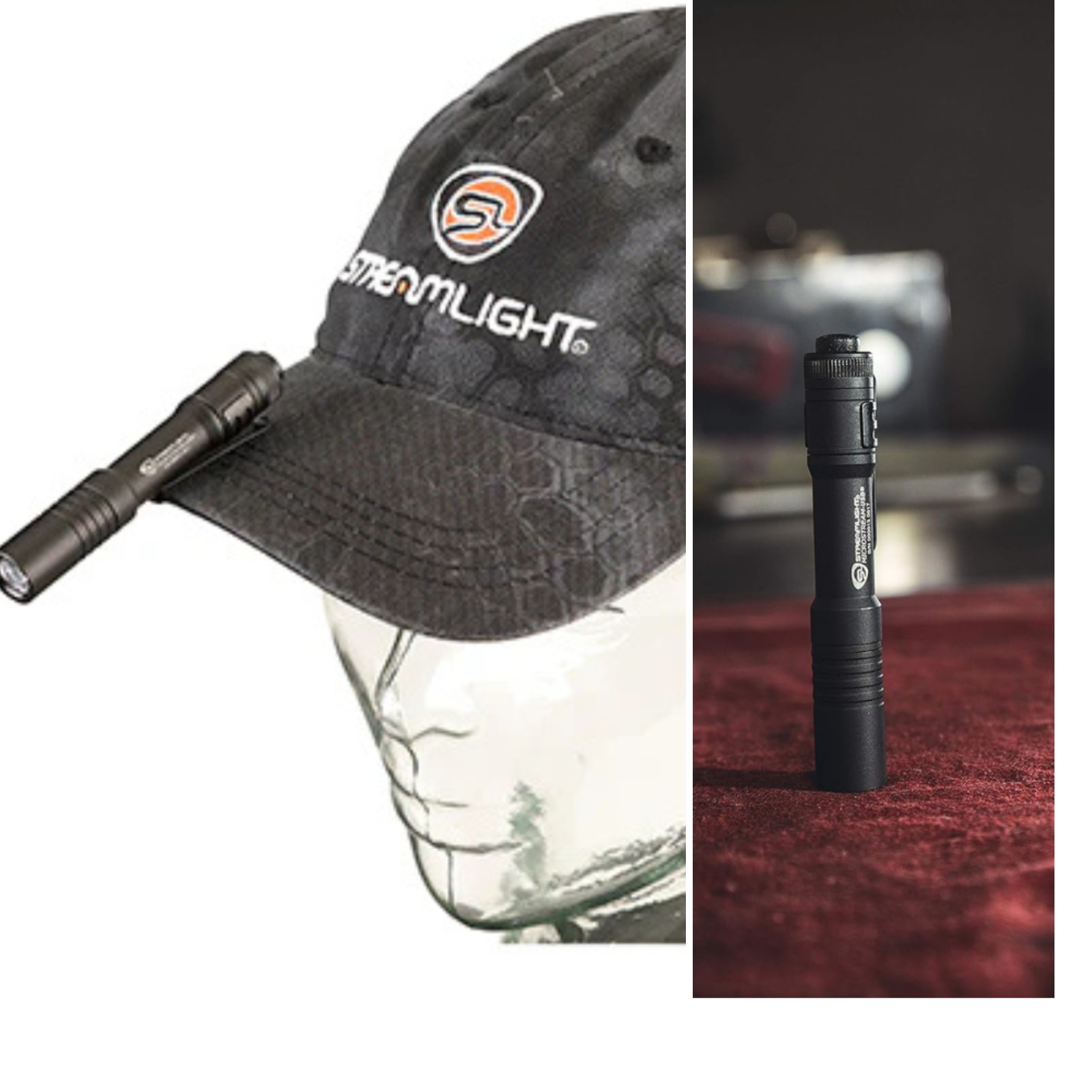 A flashlight on a hat shown on a glass head, and a double pocket clip flashlight standing up