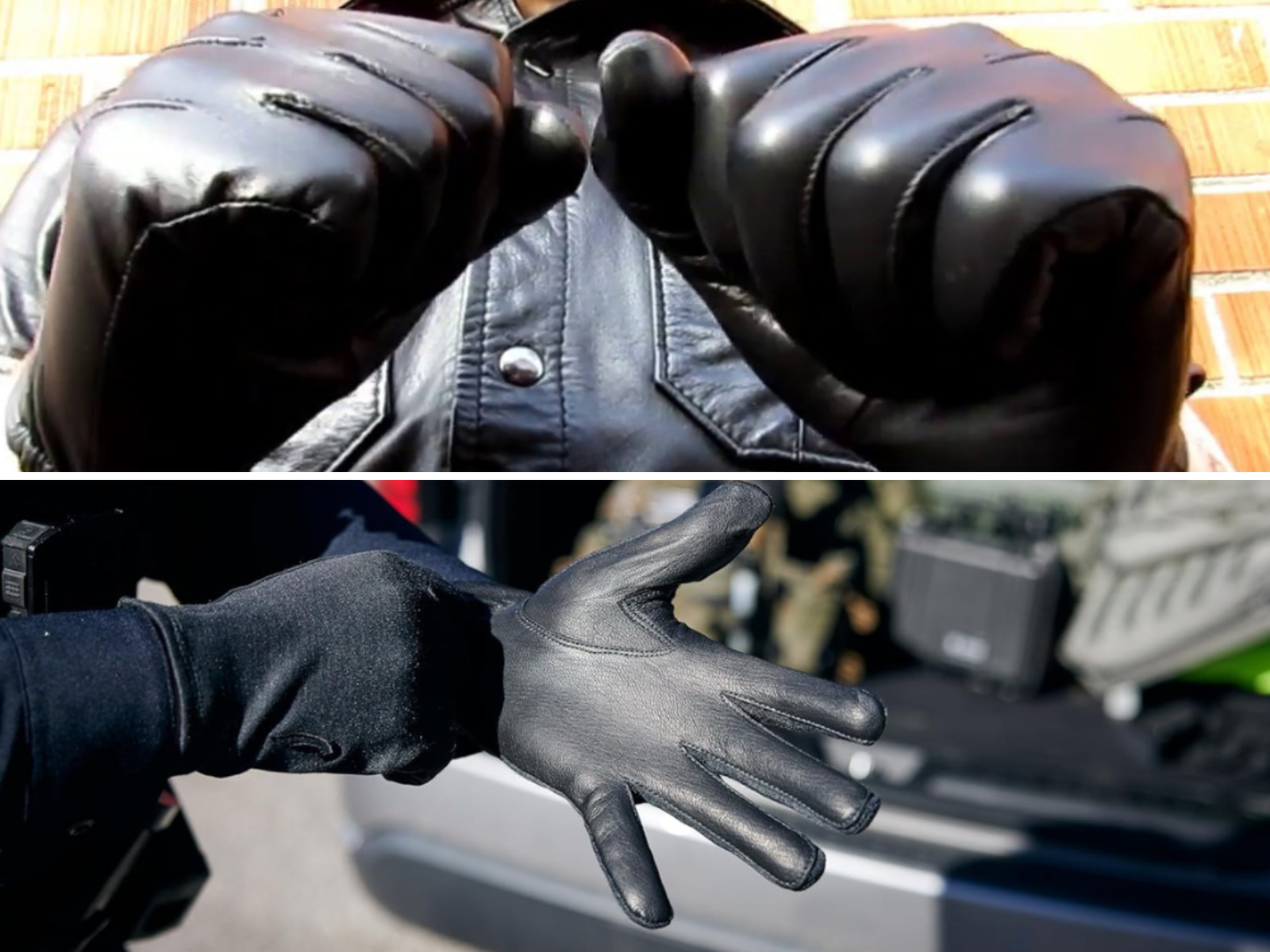 A man showing both hands closed wearing tactical gloves, and another putting his Leather gloves on.