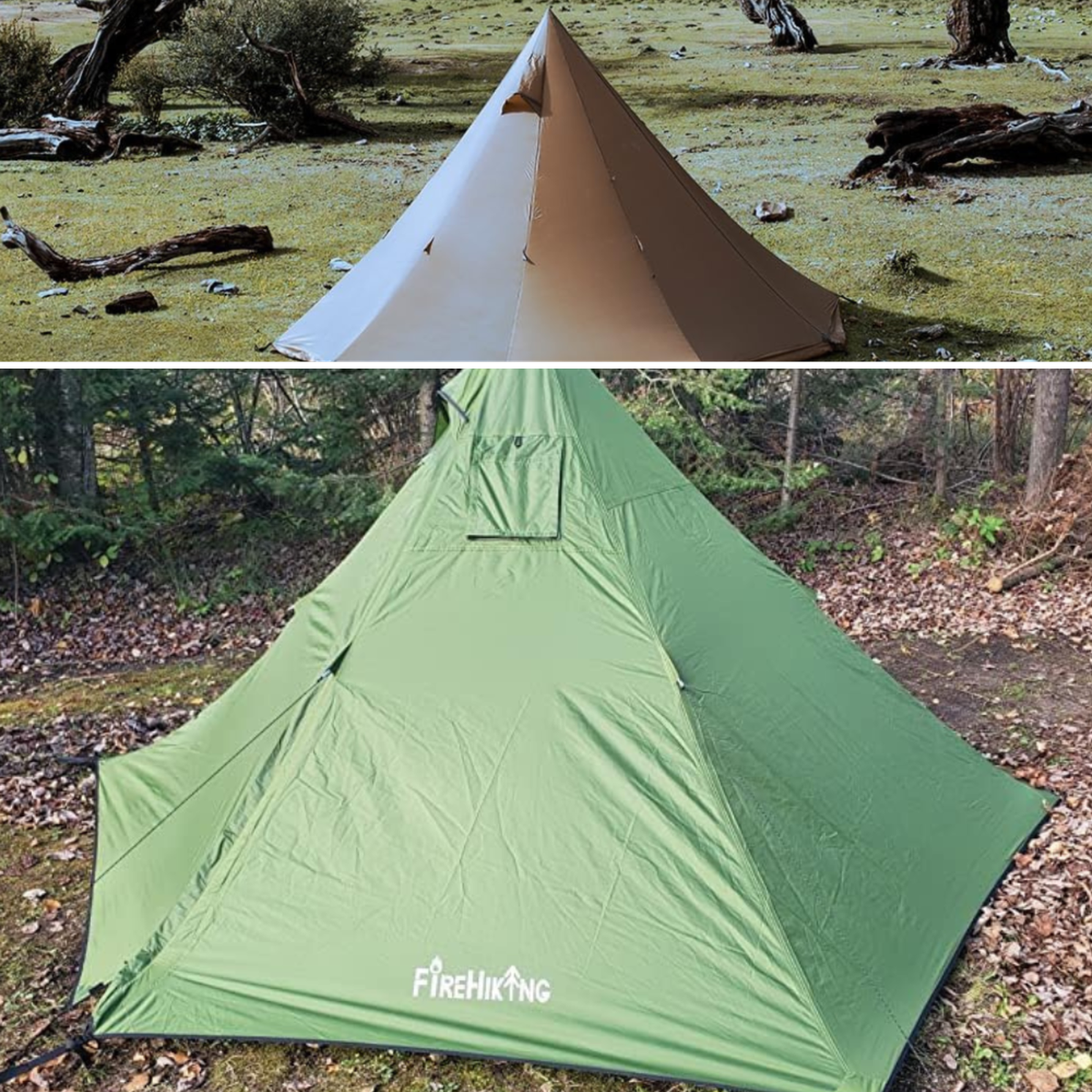 Camping scenes with a tan hot ten in a barren lake bed, and a green tent in the woods