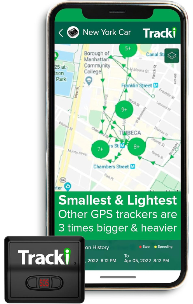 A Tracki GPS tracking device shown along with the phone app.