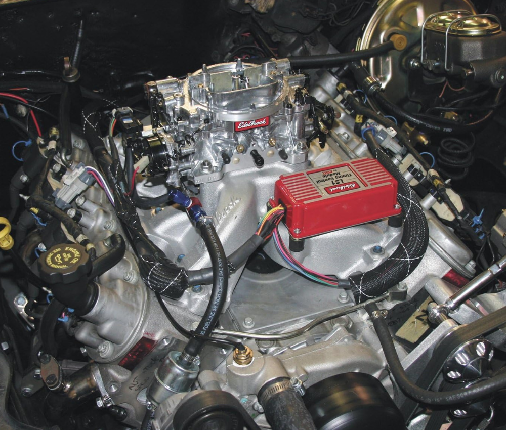 A LS engine using Edelbrock intake, ignition module, and carburetor.