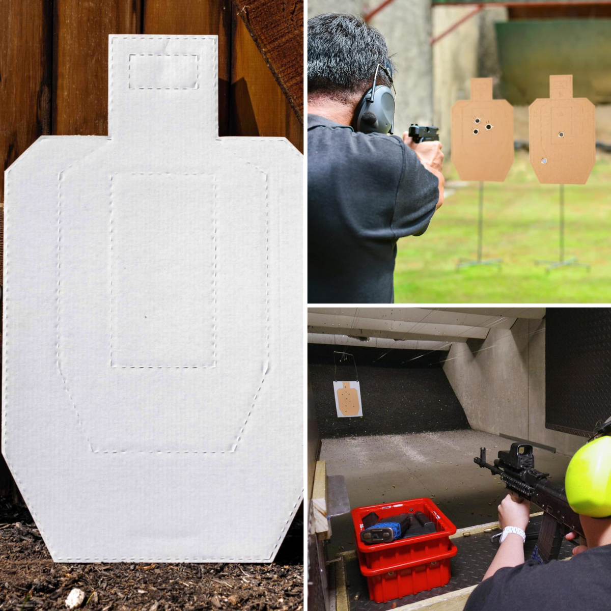 A cardboard target sitting on the ground, another being shot by rifle, and another by pistol