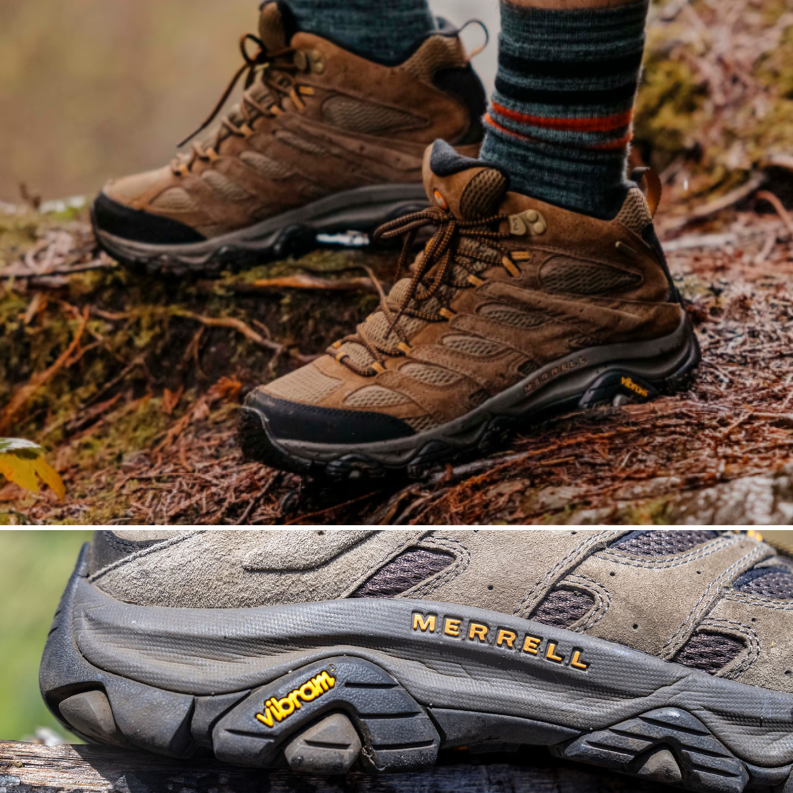 A man wearing Moab 3 Midtops, and a close up of the Vibram sole from Merrell