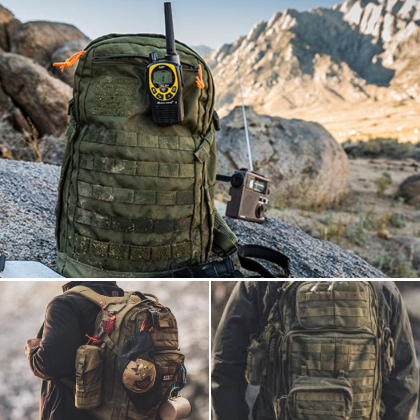 5.11 backpacks shown on men's backs, one with gear outside and another tactical backpack.