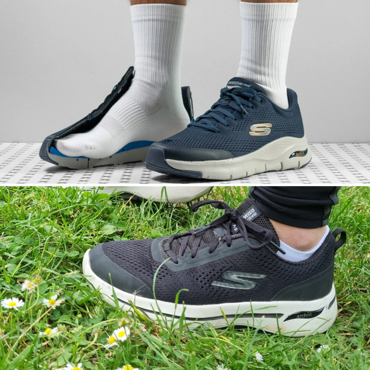 A man wearing Skechers in grass, and a cut-away of the Arch Fit shoes from Skechers.