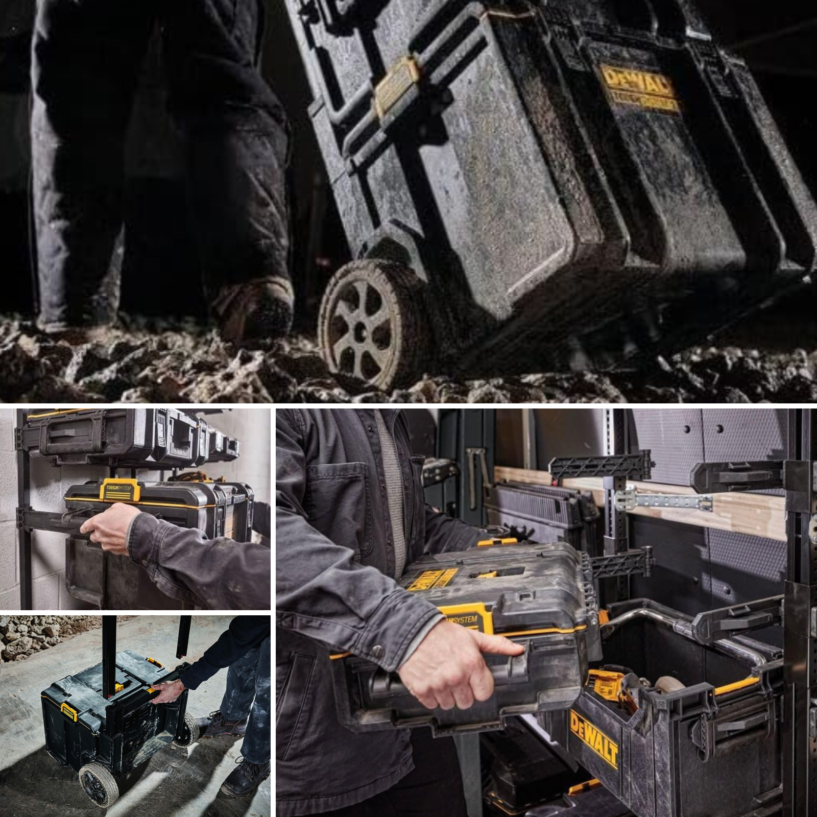 Men moving DeWalt tool boxes on rollers and men loading a wall mount storage system.