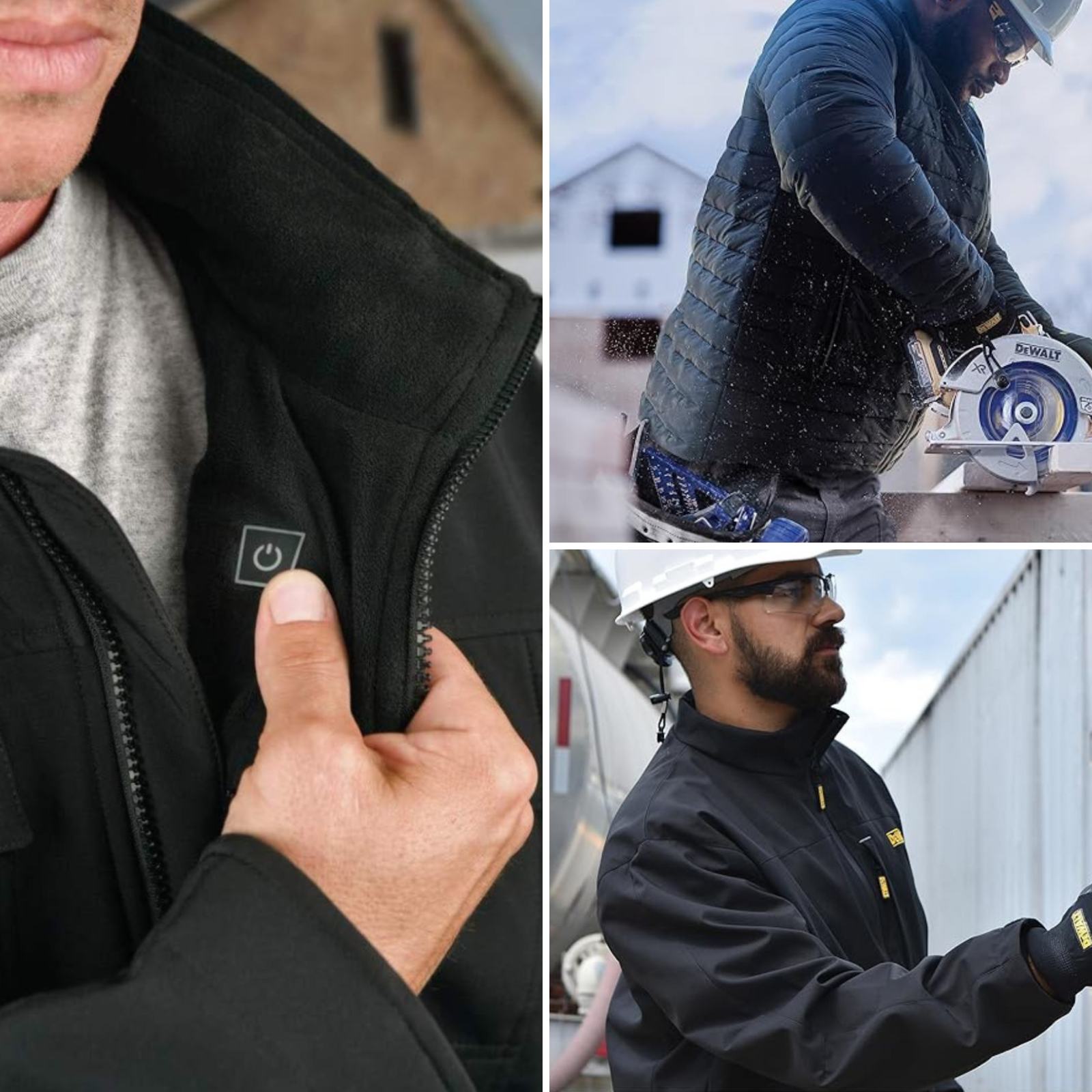 The control on the inner lapel, a man in a puffer jacket, and another in a powered DeWalt jacket