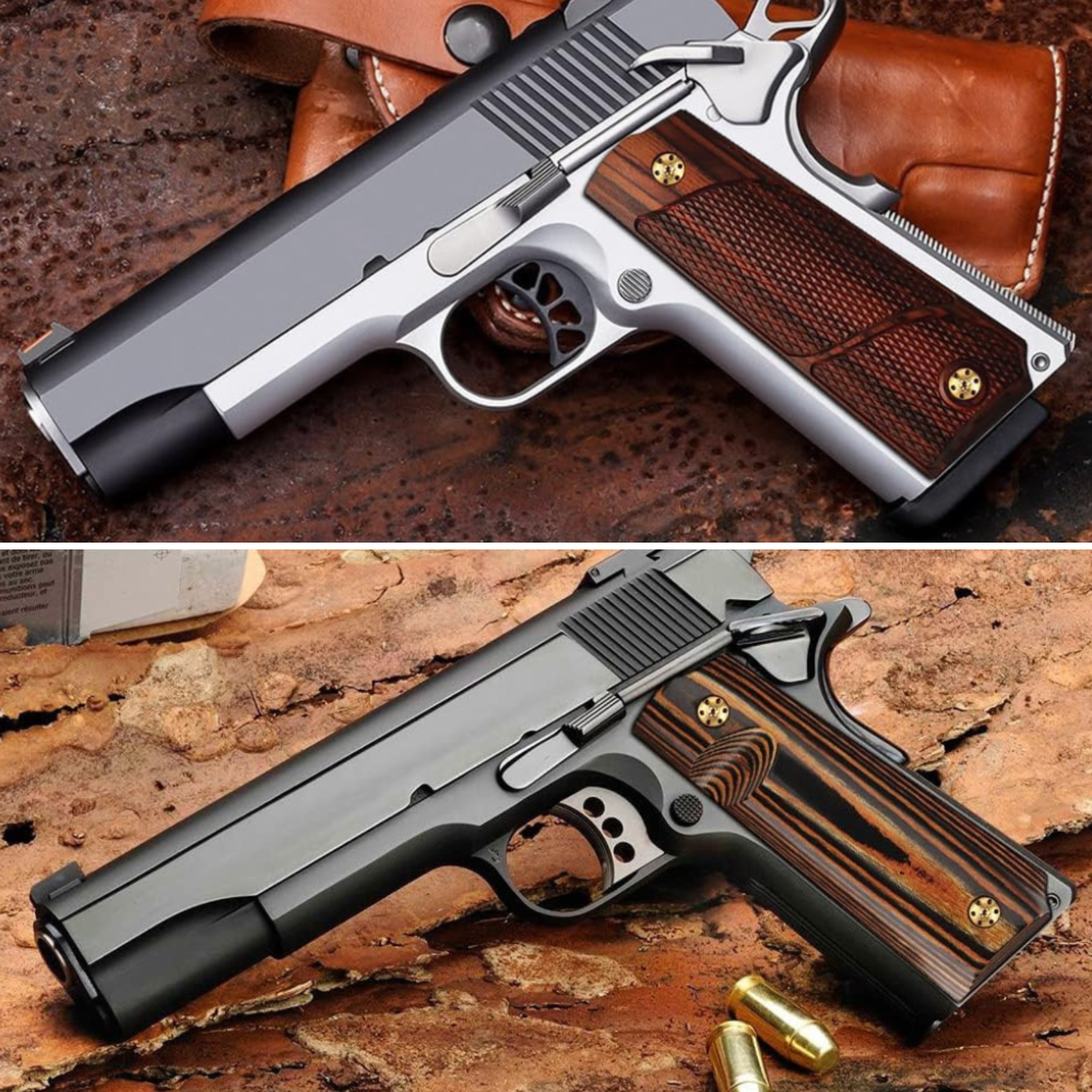 A checkered wood grip and an exotic wood grip for the 1911 Colt pistol.