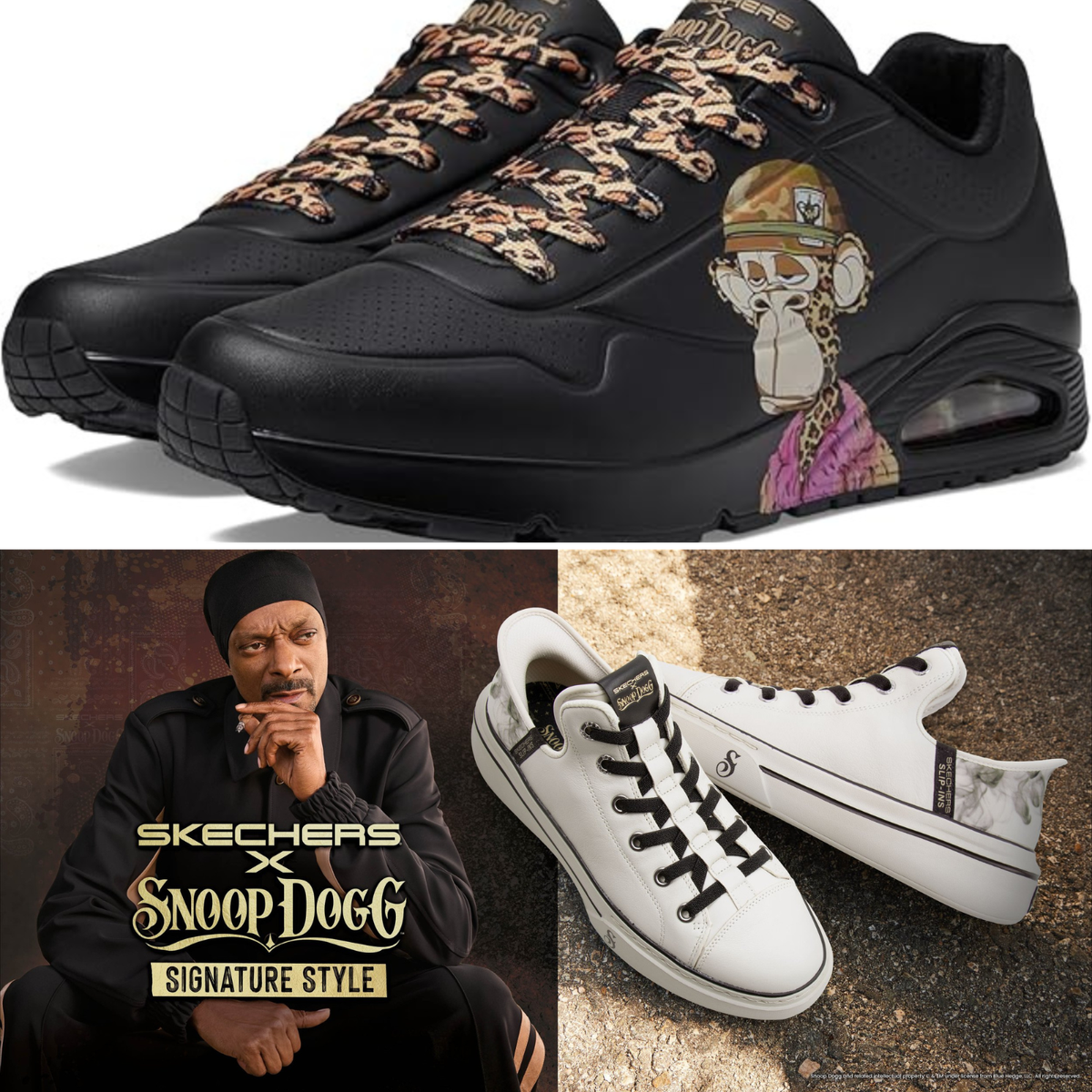 Snoop sitting thinking of a pair of "smoke" shoes and Dr. Bombay's in black.