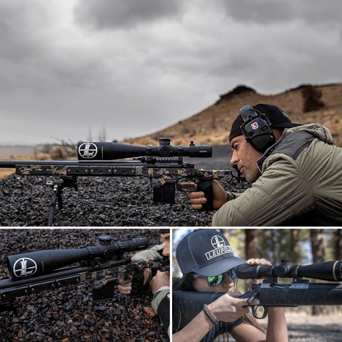 A man shooting a MK5 on a chassis rifle from the prone position, and a woman shooting of a rest