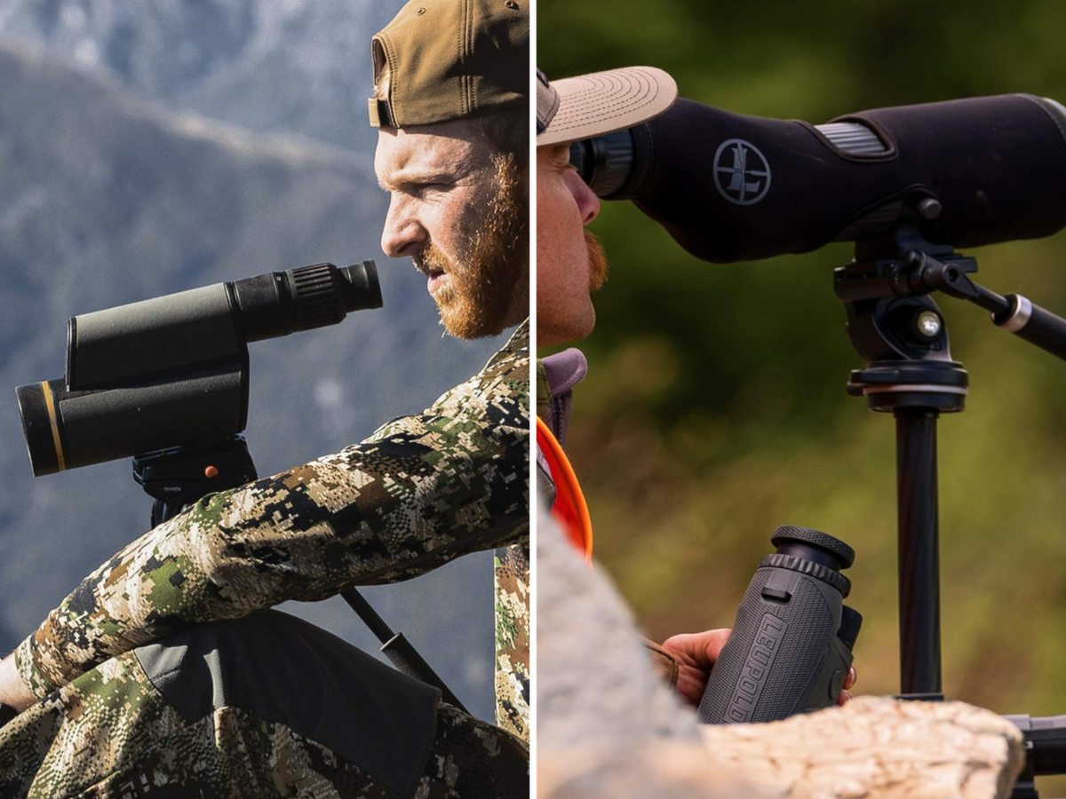 A man looking through a compact spotting scope, and another watching a large straight view.