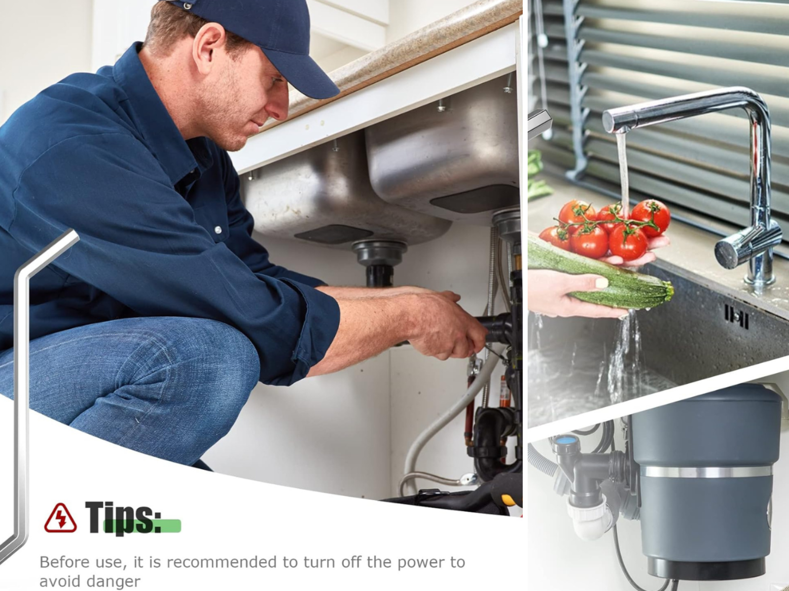 A man working on a disposal, and another disposal shown in use.