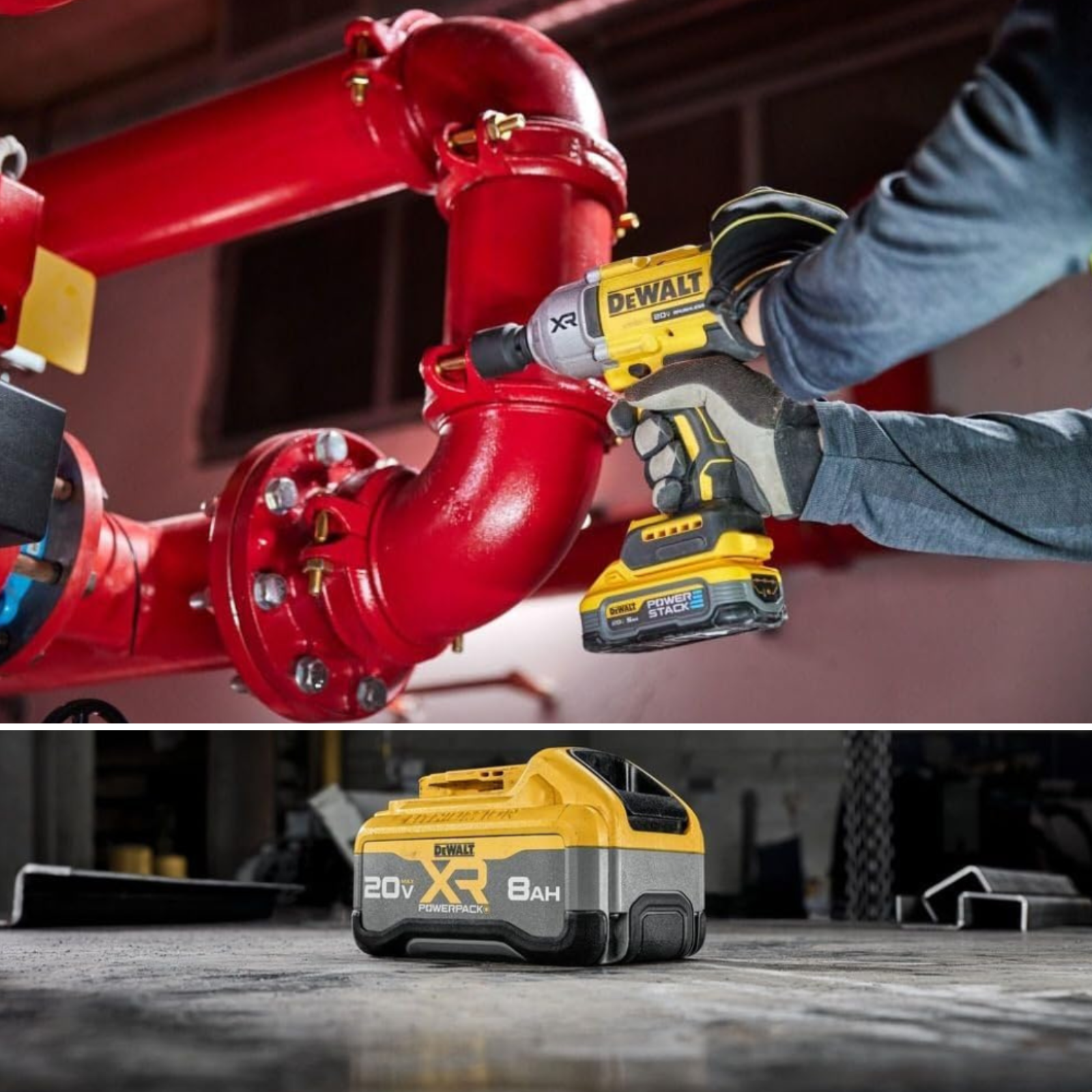 A DeWalt battery on a bench, and a DeWalt drill with a Power Stack battery