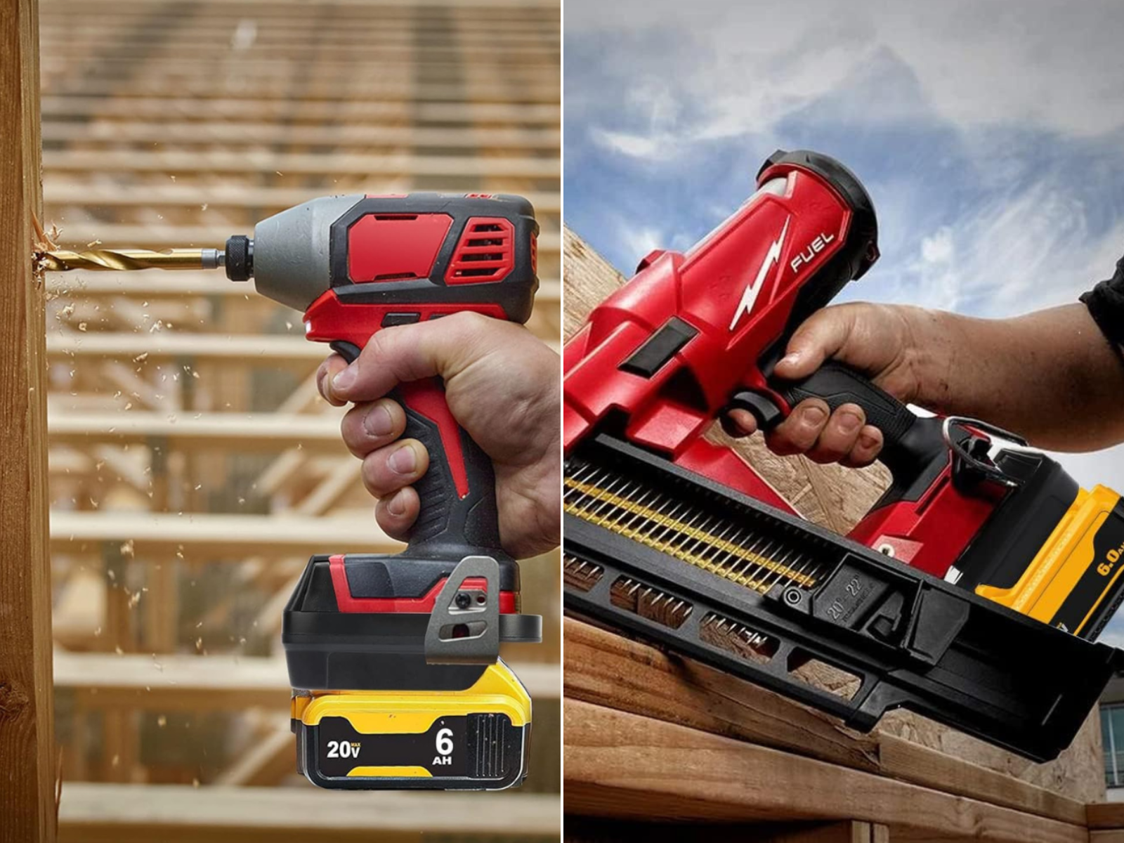 A man using a Milwaukee drill and another using a red cordless nail gun with DeWalt batteries