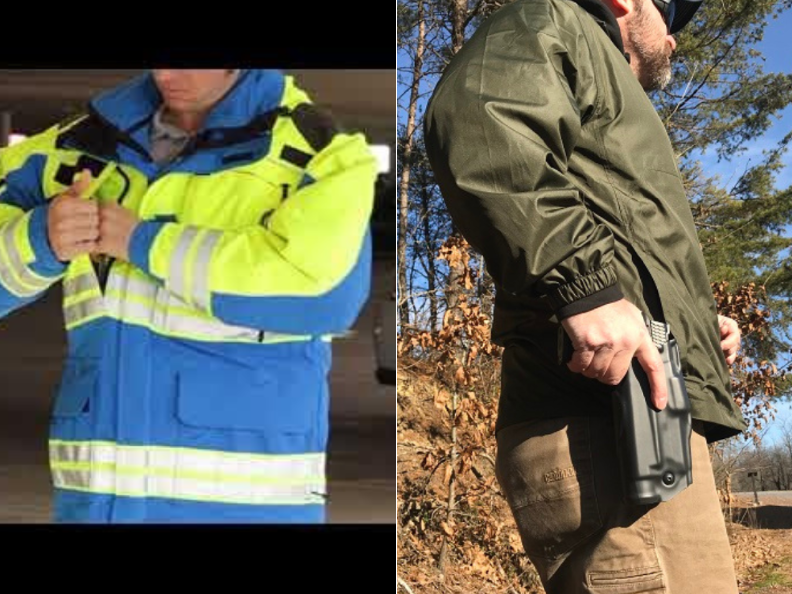 A man wearing a green 5.11 jacket, and a man wearing a responders tactical jacket.