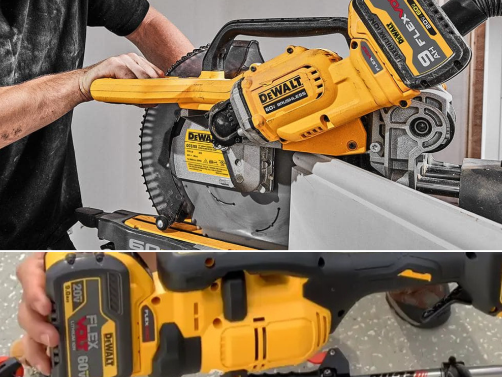 A man using a DeWalt saw with a 60-volt battery, and another using the powerful DeWalt battery