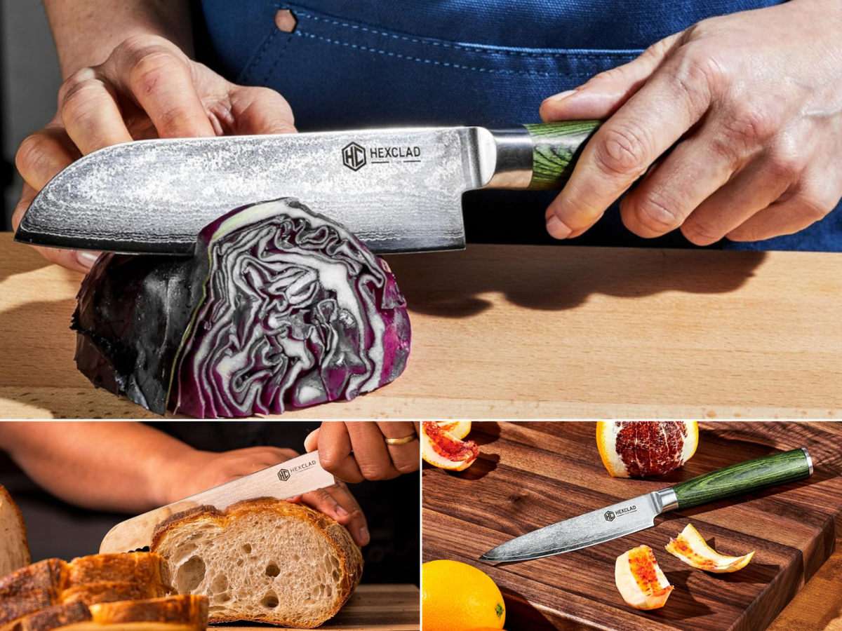 A paring knife, a bread knife, and a Santoku being used in food prep with HexClad 