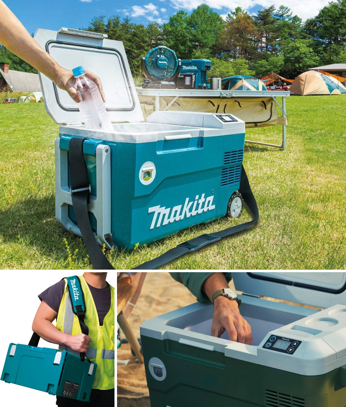 A cordless cooler at a campsite, another on the beach, and a normal cooler on a mans shoulder