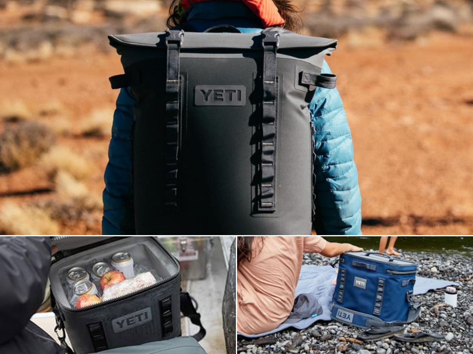 A YETI soft cooler on river bank, backpacking in the hills, and lunch with sandwich, apples, and drinks