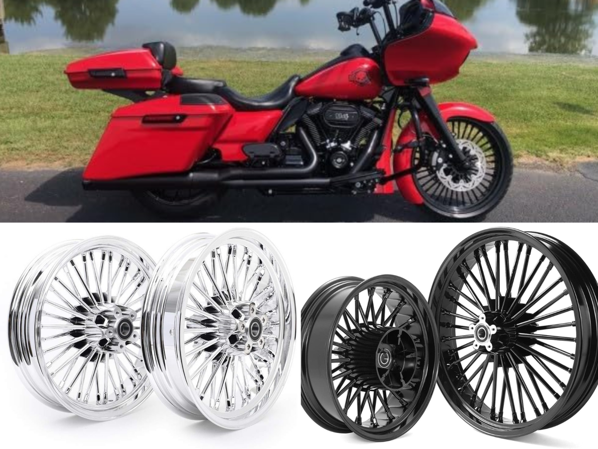 A Harley with black fat spokes, a set of chrome, and a set of black fat spoke wheels