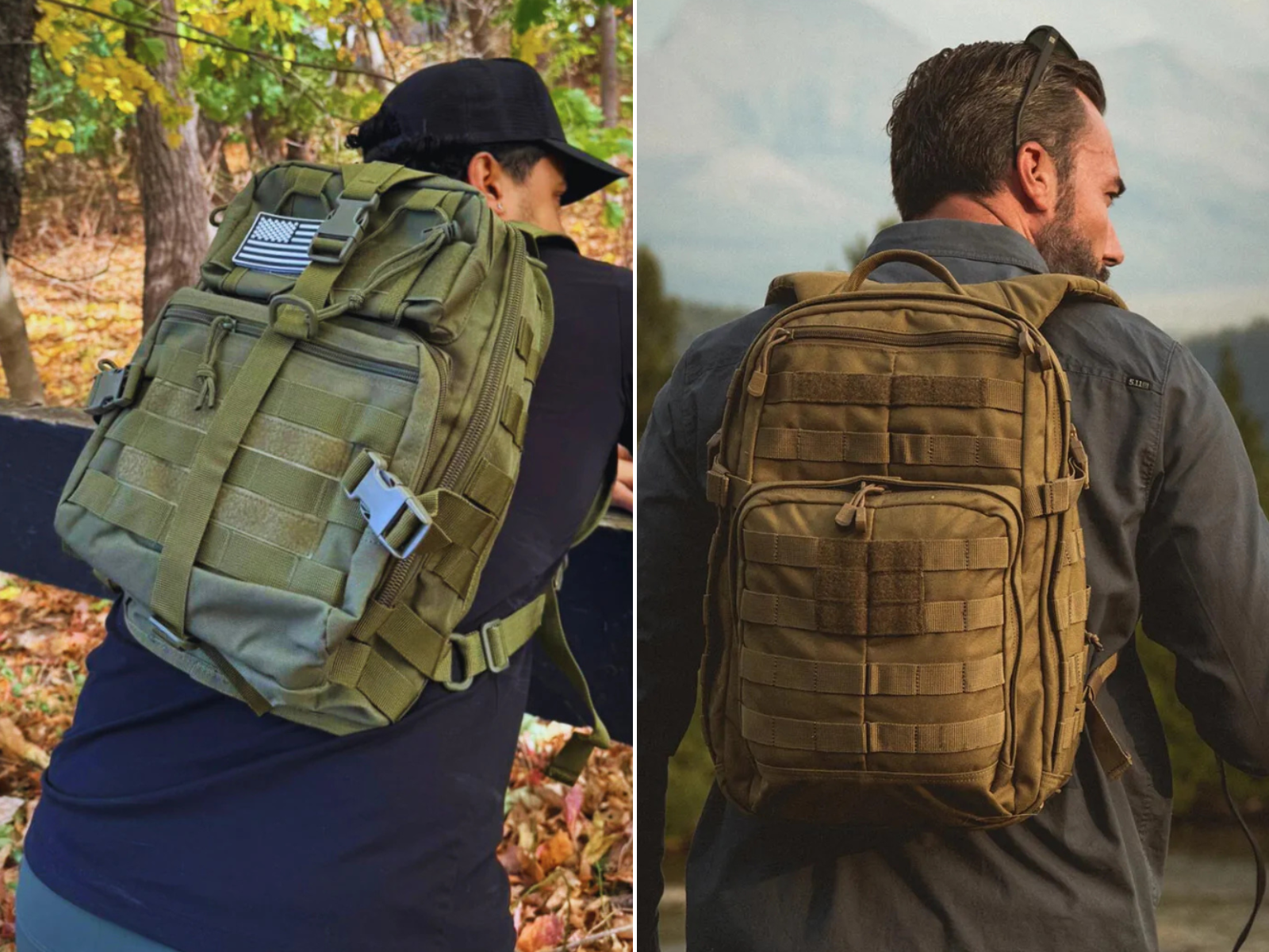 A man wearing a 5.11 backpack leaning on a fence, and another wearing a tactical backpack facing away.