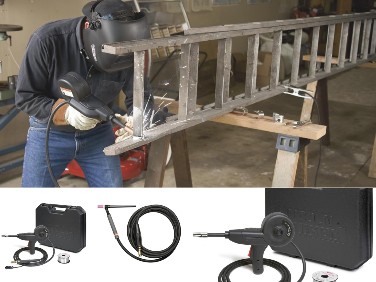 A man welding a ladder, a spool gun/TIG torch combo, and spool gun and case from Lincoln Electric.