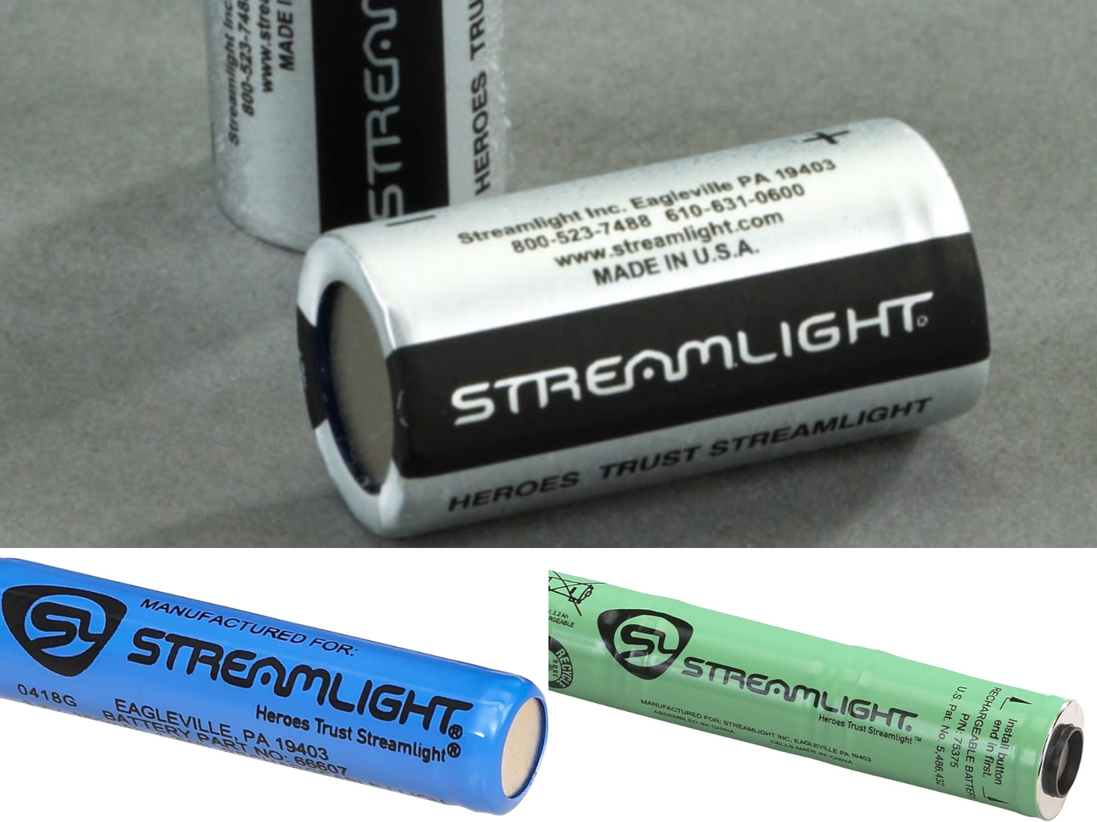 2 Streamlight CR123s, a blue rechargeable, and a green rechargeable for flashlights.