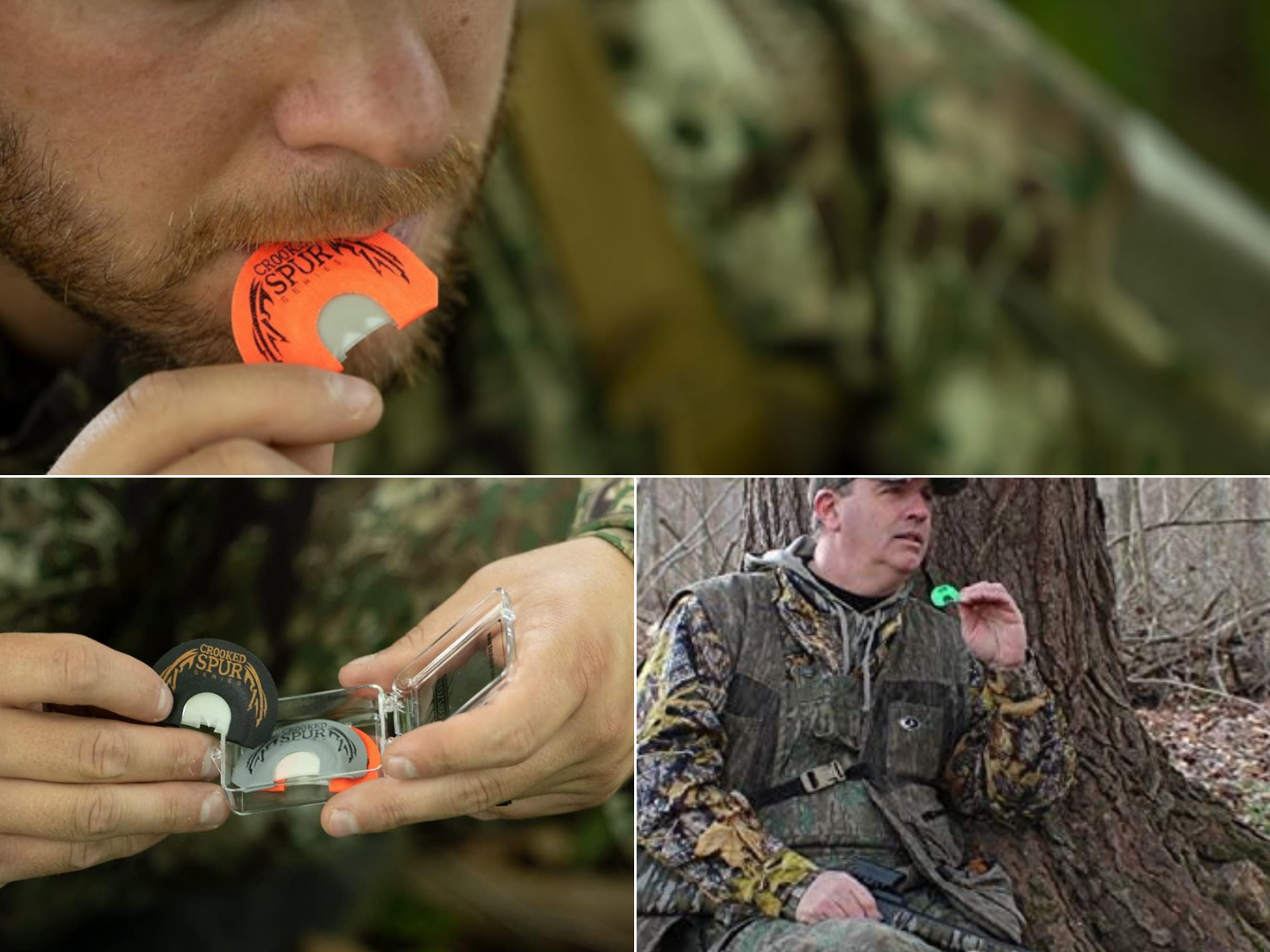 A man using a mouth call, another holding close to his mouth, and another taking a turkey call out of the pack